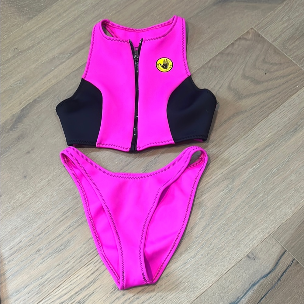 Vintage BODY GLOVE Pink and Black Zip-Up Bikini Set size XS-Small